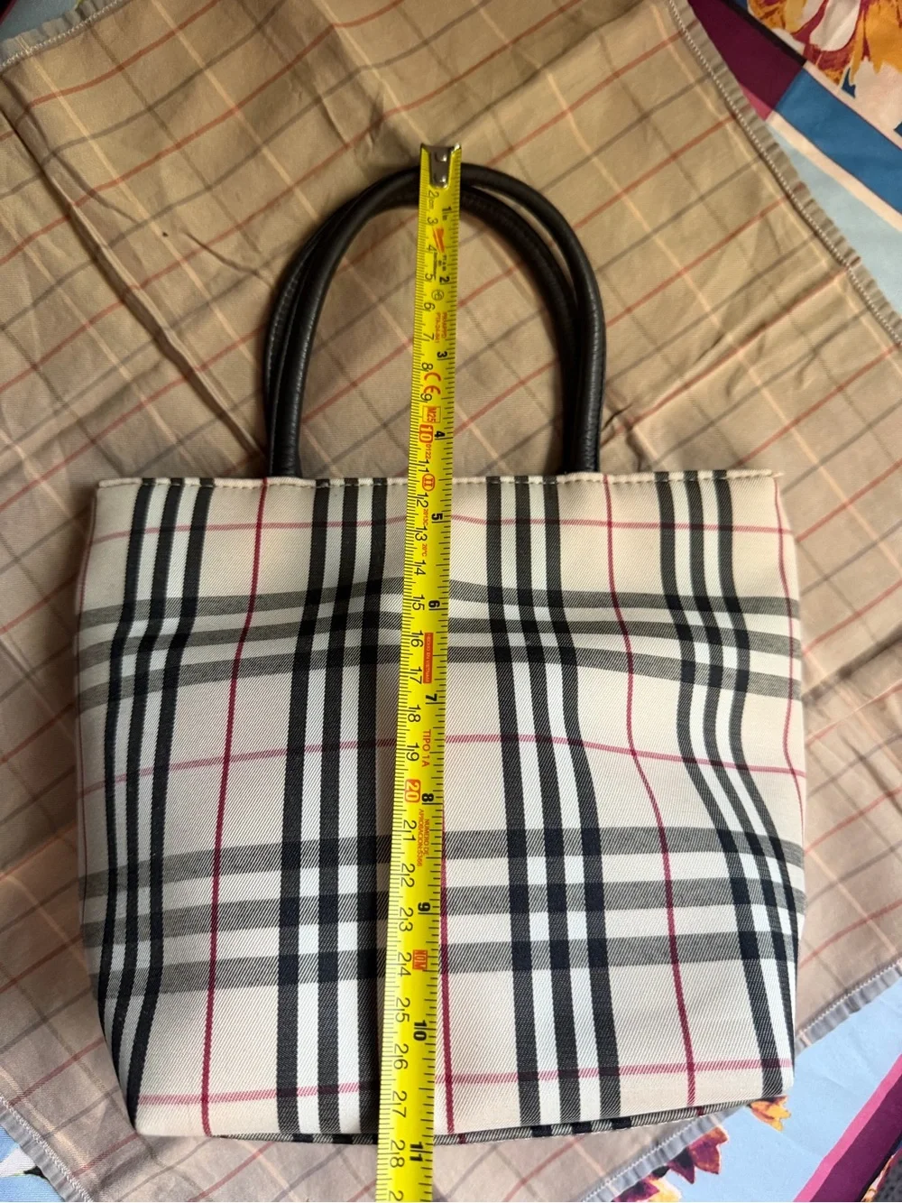 Burberry Beige Plaid Tote with Black Handles